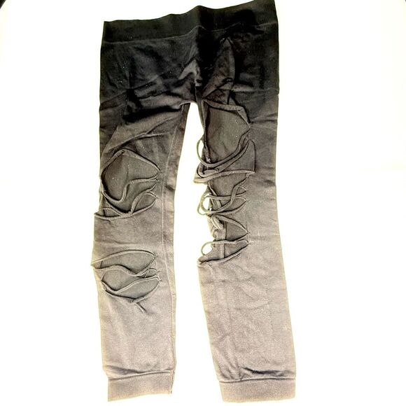 Shredded Black Ripped Leggings – Grunge Street Style Festival Pants OS - Picture 3 of 7